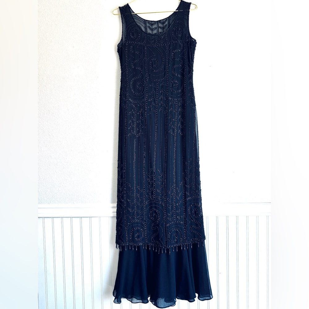 Vintage Laurence Kazar Fairy Grunge Maxi Dress Beaded 90’s Prom Glam Black Sz: 6